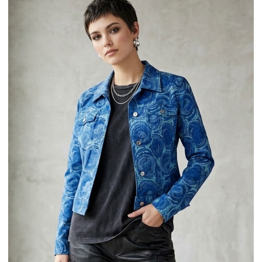 KYE M Korean Designer Blue Swirl Print Jacket Italian Fabric Crystal Buttons